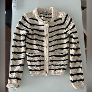 Zara Cream & Black Striped Crochet Cardigan with Gold Button